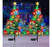 2 Pack Solar Christmas Tree Light, 35 Inch Solar Powered Outdoor Christmas Tree Garden Lights with 30 LEDs Bows Star Xmas Ornaments, Waterproof Christmas Decorations Outdoor Pathway Garden