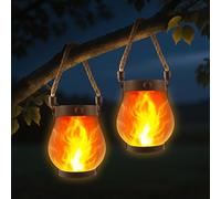 2 Pack Solar Lanterns Outdoor, Dancing Flame Hanging Lights, USB & Solar Dual Powered, Waterproof Hemp Rope Lanterns for Garden Patio Yard Decor