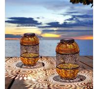 2 Pack Solar Lanterns Outdoor,Rattan with Metal Decorative Garden Hanging Lanterns Waterproof Mother's Day Gifts LED Light with Handle for Table,Patio,Pathway,Pergolas,Tree,Yard,Fence,Hook