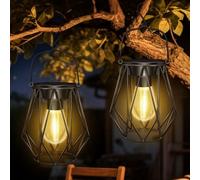 2 Pack Solar Lights Outdoor Garden, Hanging Solar Lanterns with LED Bulbs, Waterproof Garden Ornaments, Metal Outdoor Lanterns for Decoration Patio Pathway Yard Table Porch, Warm White
