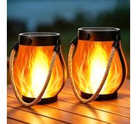2 Pack Solar Outdoor Lantern Lights, Dual Solar & USB Charging Vintage Flame Effect Lantern with Auto Dusk to Dawn Sensor, 2 Lighting Modes Metal Hanging Lights for Garden Patio Camping