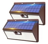 2 Pack Solar Security Lights Outdoor Motion Sensor, 318LED Super Bright Solar Powered Light with 3 Lighting Modes, IP65 Waterproof Wireless Pir Wall Lights for Outside Garden Fence(Brown)