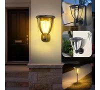 2 PACK Solar Wall Light Sconce, Dusk to Dawn Outdoor Wall Light Sconce Solar, Waterproof, 2 Lighting Modes, Wall & Ground Mount, Exterior Lighting Fixtures for Front Porch Patio Fence Yard Garage
