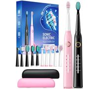 2 Pack Sonic Electric Toothbrush Adults with 40000VPM 5 Modes 12 Brush Heads 2 Travel Cases, Rechargeable Toothbrush 4 Hours Charge Minimum 30 Days -Black&Pink
