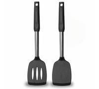 2 Pack Spatulas, Solid & Slotted Silicone Spatula Set, Stainless Steel Handle Coated with Silicone, Non Stick Turners, Heat Resistant Rubber Spatulas for Fish, Eggs, Pancakes, Wok, Black
