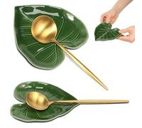 2 Pack Spoon Rest for Kitchen,Green Leaf Ceramic Spoon Holder for Stove Top,Heat Resistant Decorative Cooking Utensil Teaspoon Rest Tea Bag Holder Dish Modern Kitchen Accessories Decor