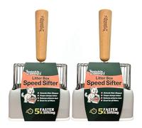 2 PACK Sprinkle & Sweep Metal Cat Litter Scoop - Heavy Duty Litter Scooper & Speed Sifter with Comfortable Beech Wood Grip - Washable Convenient Stand for Easy and Efficient Cleaning