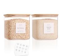 2 Pack Square Glass Flour and Sugar Containers with 132 Kitchen Pantry Labels - Thicken 85 FL OZ Large Glass Storage Jars with Airtight Bamboo Lid - Big Food Canisters for Cookies, Candy, Tea, Coffee
