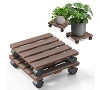 2 Pack Square Plant Caddy Stand with Wheels, WPC for garden,Light Brown | Heavy Duty Plant Trolley with Lockable Wheels Garden Pot Roller for Indoor Outdoor Patio 30 x 30 cm