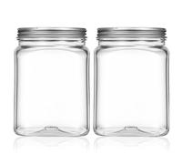 2 Pack Square Plastic Mason Jars, 24 Oz Plastic Jars with Metal Lids Clear Empty Food Storage Jar Reusable Kitchen Plastics Jar Refillable Canisters for Dry Food Peanut Butter Kitchen Organizing