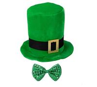 2 Pack St Patricks Day Hat Leprechaun Hats Sequin Bow Tie Outfit Green Velvet High Hat Irish Shamrock Hats for Women Men Funny St. Patrick's Day Accessories Fancy Dress Costume Holiday Festive Wear