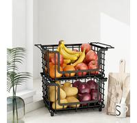 2 Pack Stackable Metal Wire Vegetable Fruit Basket for Kitchen Counter Cabinet, Pantry Organizers and Storage Basket, Food Can Snack Onion Potato Bread Storage Shelf Freezer Organizer Bins Black