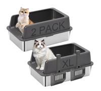 2 Pack Stainless Steel Cat Litter Box, Open Large Cat Litter Tray for Big Cats, 24" L x 16" W x 9.8" H, Metal Litter Box High Sided, Easy Cleaning, Include Scoop (Dark Gray)