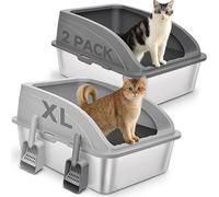 2 Pack Stainless Steel Cat Litter Box with Lid, XL Extra Large for Big Cats, 24" L x 16" W x 12" H, Metal Litter Box High Sided, Easy Cleaning, Include Scoop (Dark Gray & Light Gray)