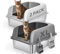 2 Pack Stainless Steel Cat Litter Box with Lid, XL Extra Large Metal Box for Big Cats, 24" L x 16" W x 12" H, Enclosed Litter Box High Sided, Non-Sticky, Include Litter Scoop
