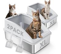 2 Pack Stainless Steel Cat Litter Box | XL Metal Litter Box with High Sides for Big Cats & Multi-Cat Extra Large Litter Boxes | Leak Proof,Odor Control & Non-Sticky Bottom with Scoop