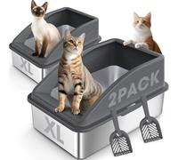 2 Pack Stainless Steel Litter Box | XL Enclosed Cat Litter Boxes with Lid for Big Cats and Multi-Cats | High Sided, Anti-Urine Leakage | Non-Stick Bottom（Dark Gray）
