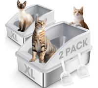 2 Pack Stainless Steel Litter Box | XL Enclosed Cat Litter Boxs with Lid for Big Cats and Multi-Cats | High Sided, Anti-Urine Leakage | Non-Stick Bottom（Silver Gray）