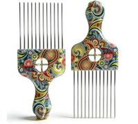 2 Pack Stainless Steel Professional Hair Styling Pick Comb Hair Afro Pick Wide Tooth Comb Suitable Wig Braid Detangle Styling Lift Combs Tool Women, Men Curly Hairs Stylings (Waist flower K3)