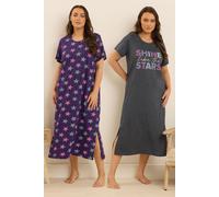2 Pack Star Print Midaxi Nightdresses Yours Grey 30-32