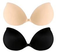 2 Pack Stick on Bra, Cup B Invisible Backless Push up Sticky Bra, Reusable Silicone Strapless Bras for Women for Backless Dresses, Evening Gowns, Wedding & Party Occasions, Black & Beige(Cup B)