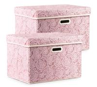 2-Pack Storage Boxes with Lids, Rose Pattern Large Collapsible Storage Bin, Non-Woven Pink Wardrobe Storage Organiser, 38L Dust-proof & Moisture-proof Clothes Storage for Closet Toys - 43x30x30cm