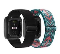 2 Pack Straps Compatible with Fitbit Versa 2 Strap/Fitbit Versa Strap for Women/Men, Stretchy Adjustable Nylon Stylish Replacement Wristband for Fitbit Versa 2/ Versa/Versa Lite (Black,Green Arow)