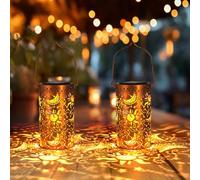 2 Pack Sun and Moon Solar Lanterns Outdoor Hanging Lantern Lights, Sun and Moon Hollowed-Out Metal Decor Lantern, Butterfly Garden Decoration for Patio, Yard