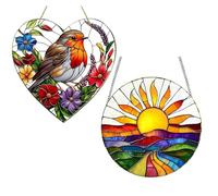 2-Pack Sun Catchers for Windows: Heart with Robin & Flowers and Round Sun Landscape, 20x20cm Acrylic Hanging Ornaments, Vibrant Garden & Home Decor