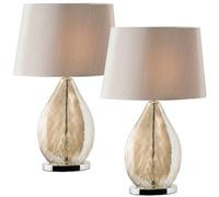 2 Pack Table Lamp & Shade Gold Tinted Glass & Mink Fabric Pretty Bedside Light