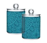 2 PACK Teal Mandala Floral Flower Blue Qtip Holder Dispenser for Cotton Ball, Cotton Swab, Cotton Round Pads, Floss Picks - Plastic Apothecary Jar Set for Bathroom Canister Storage Organization