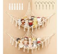 2 Pack Teddy Hammocks Corner Toy Storage Net for Stuffed Animals, Teddy Bear Hammock Boho Style Nursery Hanging Organizer for Kids Bedroom, Playroom and Nursery Wall Decor to Declutter Decorate, Beige
