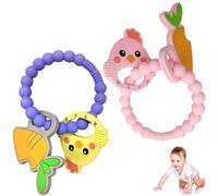 2 Pack Teething Toys for Baby - Seposeve Baby Teethers for Babies 3-12 Months, Easy to Grasp and Clean Up, Silicone chewlery for Boys Girls, Chick and Carrot, Purple, Pink