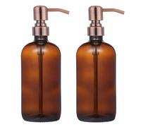 2 Pack Thick Amber Glass Pint Jar Soap Dispenser with Copper Stainless Steel Pump, 16ounce Boston Round Bottles Dispenser with Rustproof Pump for Essential Oil, Lotion Soap