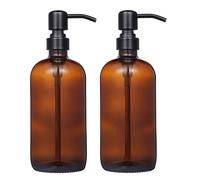 2 Pack Thick Amber Glass Pint Jar Soap Dispenser with Matte Black Stainless Steel Pump, 16ounce Boston Round Bottles Dispenser with Rustproof Pump for Essential Oil, Lotion Soap