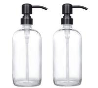 2 Pack Thick Clear Glass Pint Jar Soap Dispenser with Matte Black Stainless Steel Pump, 16ounce Clear Boston Round Bottles Dispenser with Rustproof Pump for Essential Oil, Lotion Soap
