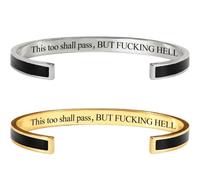 2-Pack This Too Shall Pass Mantra Cuff Bracelet, BUT FUCKING HELL Engarved Motivational Color Cuff Bracelet, Hidden Message Encouragement Jewelry Gifts for Women (Black)