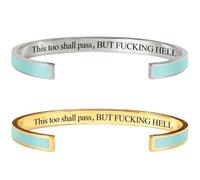 2-Pack This Too Shall Pass Mantra Cuff Bracelet, BUT FUCKING HELL Engarved Motivational Color Cuff Bracelet, Hidden Message Encouragement Jewelry Gifts for Women (Green)