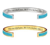 2-Pack This Too Shall Pass Mantra Cuff Bracelet, BUT FUCKING HELL Engarved Motivational Color Cuff Bracelet, Hidden Message Encouragement Jewelry Gifts for Women (Blue)
