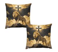 2 Pack Throw Pillow Covers 24 "x24 " Double-Sided Soft Plush Pillowcase Decorative Square Pillows Case Black And Gold African Leo Lion King with Cross Pillow Cover for Living Room, Bedroom, Sofa, Car