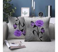 2-Pack Throw Pillow Covers - Purple Rose with Black Stem, Butterfly & Drip Design - Silvery Gray Background, Double-Sided Print,Modern Short Plush Cushion Covers for Sofa, Bedroom, or Living Room