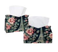 2 Pack Tissue Box Cover, Beautiful Paris Eiffel Tower and Pink Rose Rectangle Tissue Box Holder for Bathroom Kitchen Bedroom Vanity Countertop Home Office Car