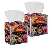 2 Pack Tissue Box Cover, Colorful Skull Floral Abstract Mushroom Square Tissue Box Holder for Bathroom Dresser Table Countertop Night Stand Office Car