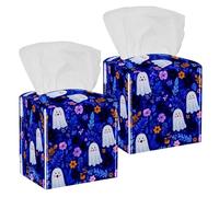 2 Pack Tissue Box Cover, Cute Halloween Ghosts and Flowers on Blue Background Square Tissue Box Holder for Bathroom Dresser Table Countertop Night Stand Office Car