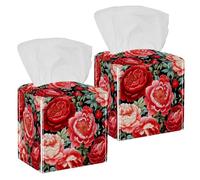 2 Pack Tissue Box Cover, Embroidery Peonies and Wild Red Roses Square Tissue Box Holder for Bathroom Dresser Table Countertop Night Stand Office Car