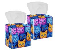 2 Pack Tissue Box Cover Funny Kitten Faces with Crazy Colors Square Facial Tissue Holder Decorative Organizer Dispenser for Vanity Countertop, Bathroom, Kitchen