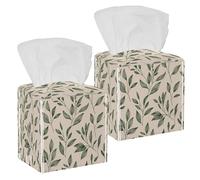 2 Pack Tissue Box Cover, Green Sage Color Line Leaf and Twig Pattern on Beige Background Square Tissue Box Holder for Bathroom Dresser Table Countertop Night Stand Office Car
