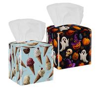 2 Pack Tissue Box Cover, Happy Halloween Pumpkins Skulls Web Ghosts Witch Hat Square Tissue Box Holder for Bathroom Dresser Table Countertop Night Stand Office Car