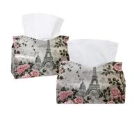 2 Pack Tissue Box Cover Holder, Beautiful Paris Eiffel Tower Pink Rose Rectangular Napkin Facial Tissues Holder Dispenser for Bedroom Bathroom Office Home