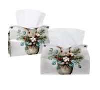 2 Pack Tissue Box Cover Holder, Christmas Cute Bunny Holding a Bouquet of Branches Holly Berries Rectangular Napkin Facial Tissues Holder Dispenser for Bedroom Bathroom Office Home